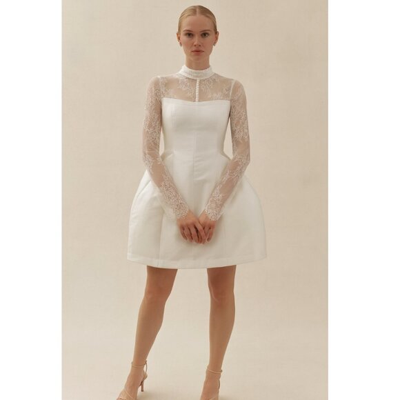 BHLDN Long-Sleeve High-Neck Lace Fit & Flare Mini Dress White 2 NWT - Picture 1 of 11